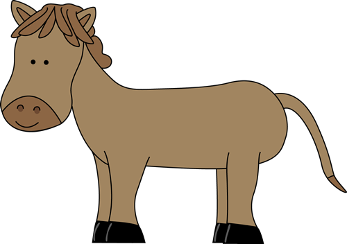 Friendly cartoon brown horse with smiling face, black hooves, and flowing mane standing sideways.