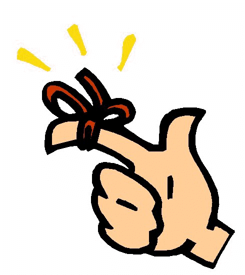 A cartoon hand with a red ribbon tied around the index finger and yellow sparkles above, symbolizing a reminder or promise.