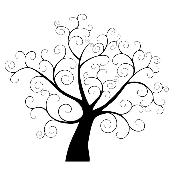 Stylized black-and-white tree with swirling, ornamental branches and no leaves.