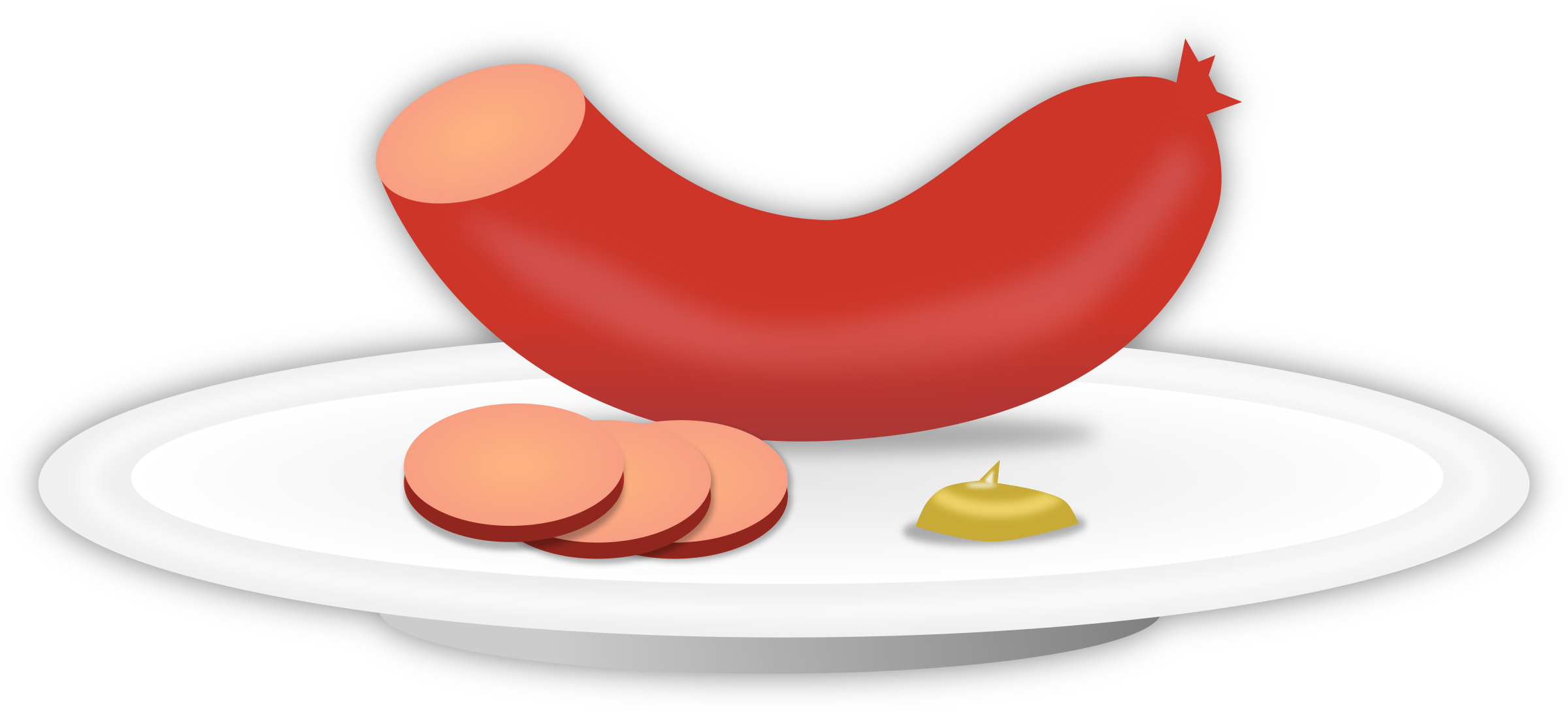 A red sausage on a white plate with three slices and a dollop of mustard.