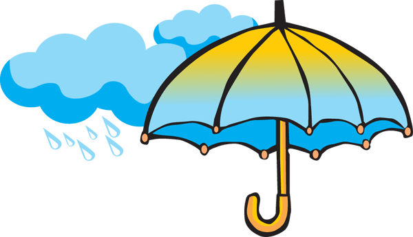 A colorful cartoon umbrella shielding against raindrops falling from a blue cloud.