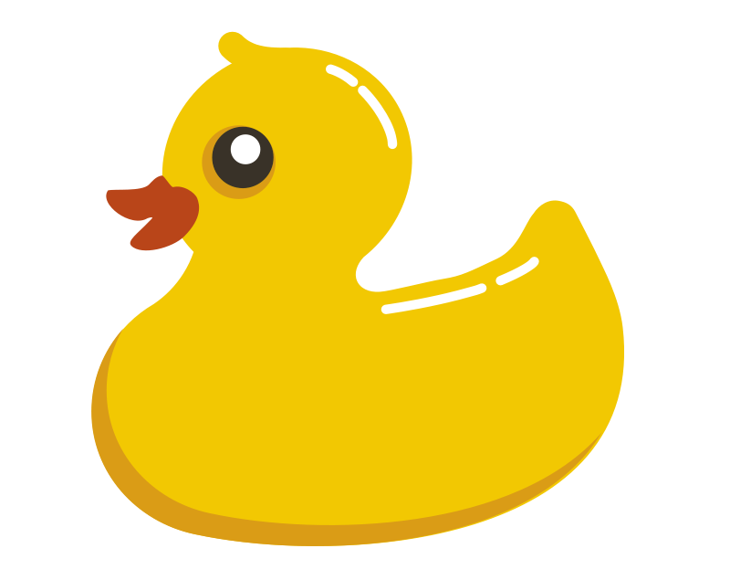 Bright yellow rubber duck with orange beak and glossy highlights, cartoon-style illustration on transparent background.