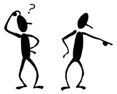 Two stick figures: one puzzled with a question mark above head, the other pointing decisively.