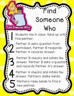 Colorful "Find Someone Who" classroom activity worksheet with numbered steps and cartoon girl illustration.