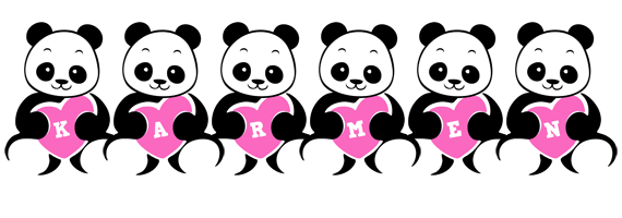 Six cartoon pandas each holding a pink heart with a letter spelling "KAREN" in a cute, friendly design.