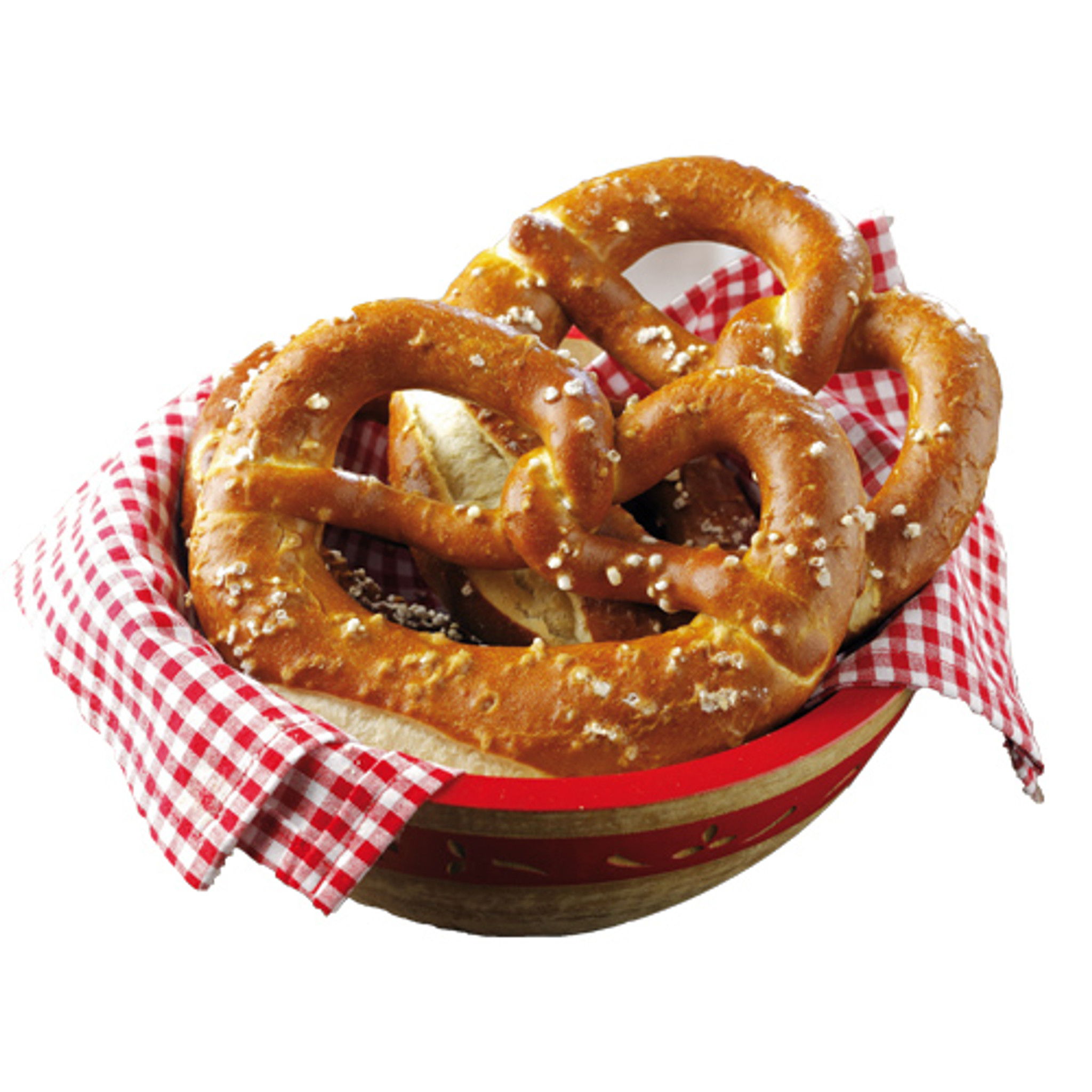 Freshly baked pretzels with coarse salt in a wooden bowl lined with red-and-white checkered cloth.