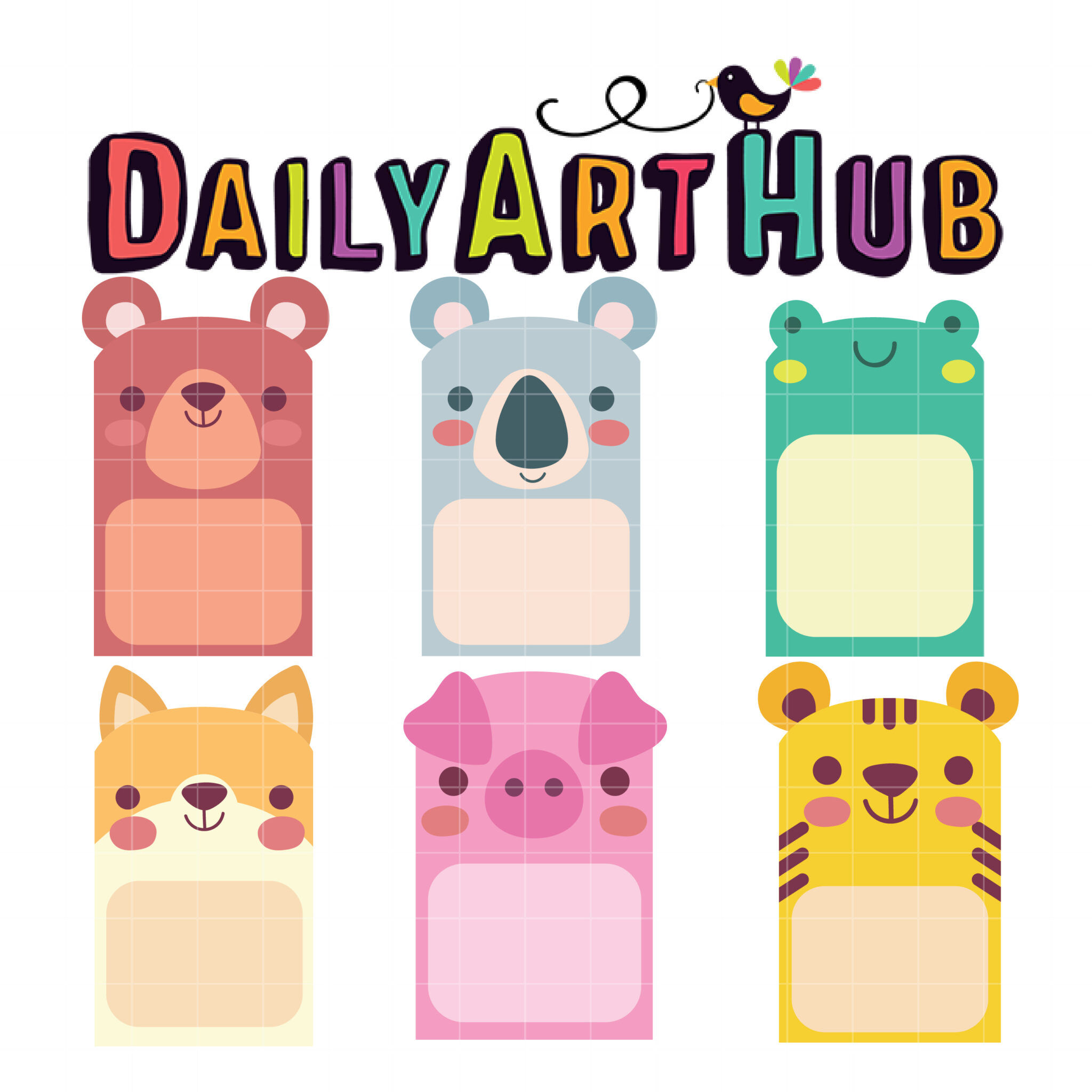 DailyArtHub logo with colorful animal-themed notepad designs and a decorative bird.
