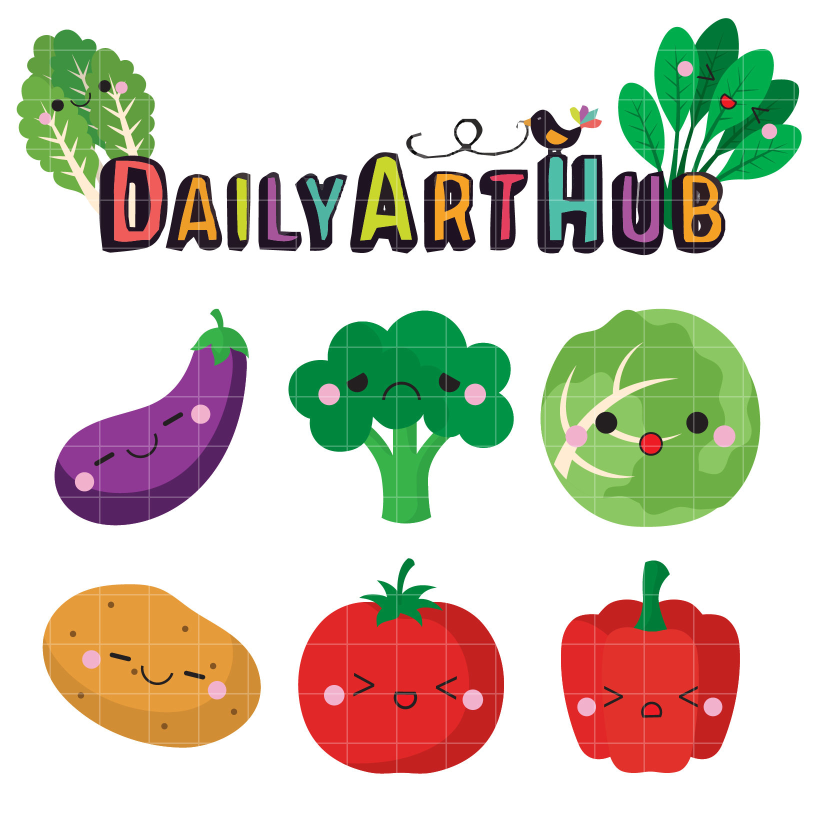 Colorful kawaii-style vegetables with faces under "DailyArtHub" logo, including eggplant, broccoli, cabbage, potato, tomato, and bell pepper.