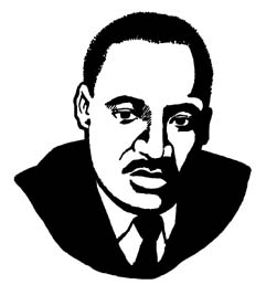 Black-and-white stylized portrait of Dr. Martin Luther King Jr. in formal attire with a serious expression.