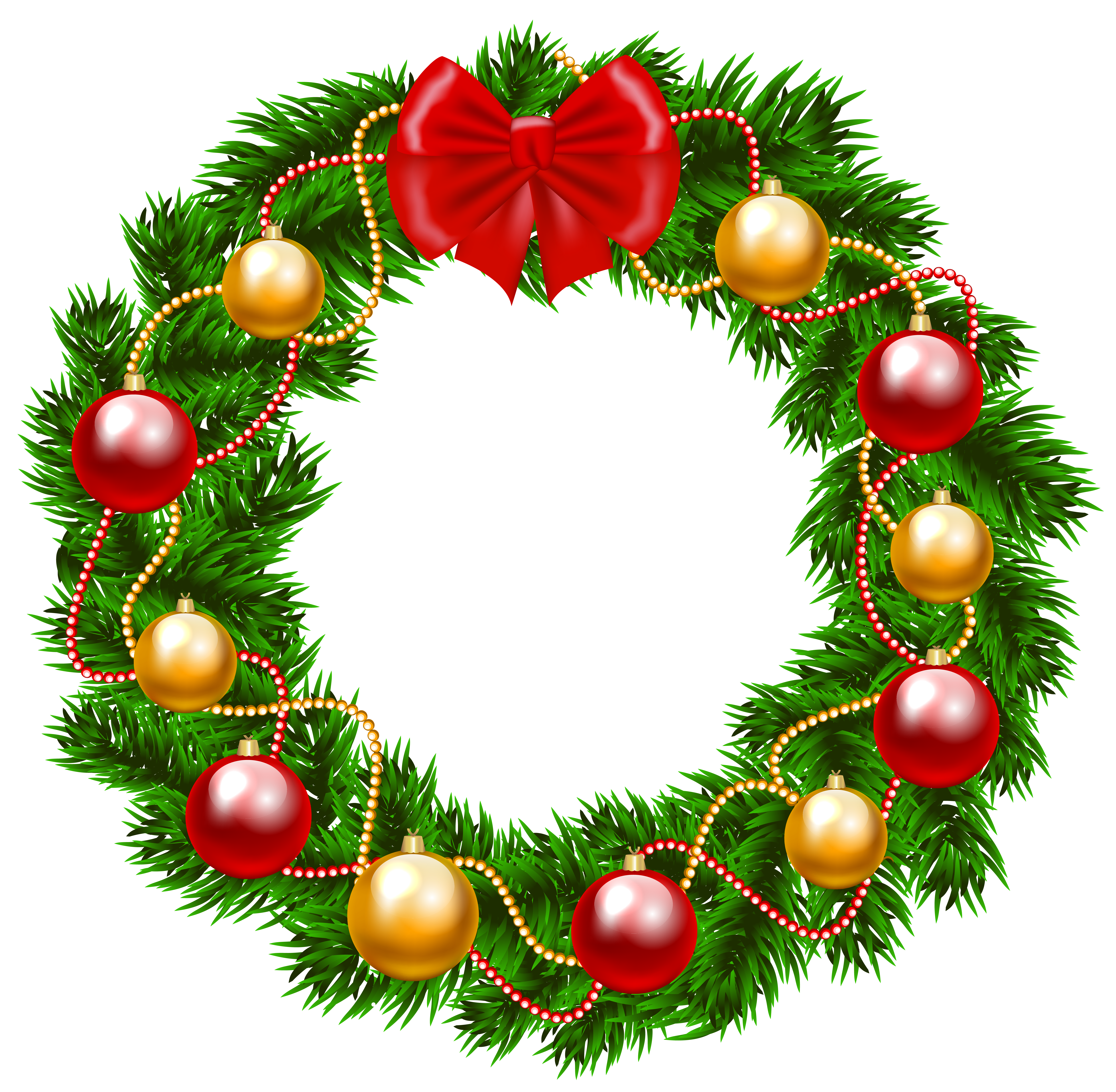 Festive Christmas wreath with green pine needles, red bow, gold and red ornaments, and beaded garland.