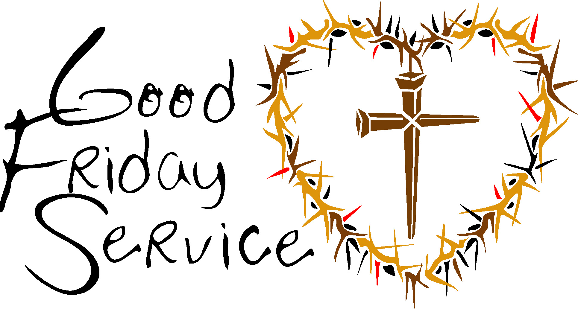 Good Friday Service graphic with a cross encircled by a crown of thorns in gold, brown, and red tones.
