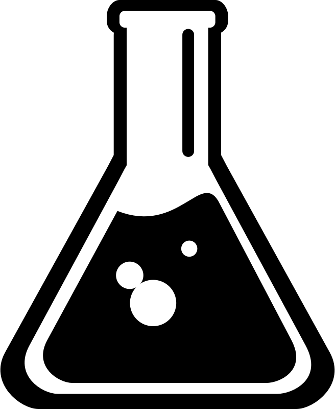 White Erlenmeyer flask icon with black liquid and bubbles, symbolizing chemical reaction or laboratory science.