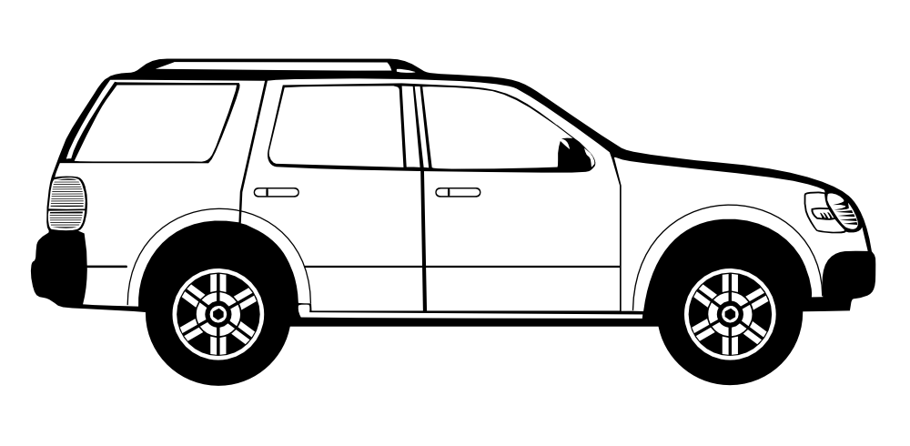 Black-and-white line drawing of a side-profile SUV with roof rails, five-spoke wheels, and visible door handles.