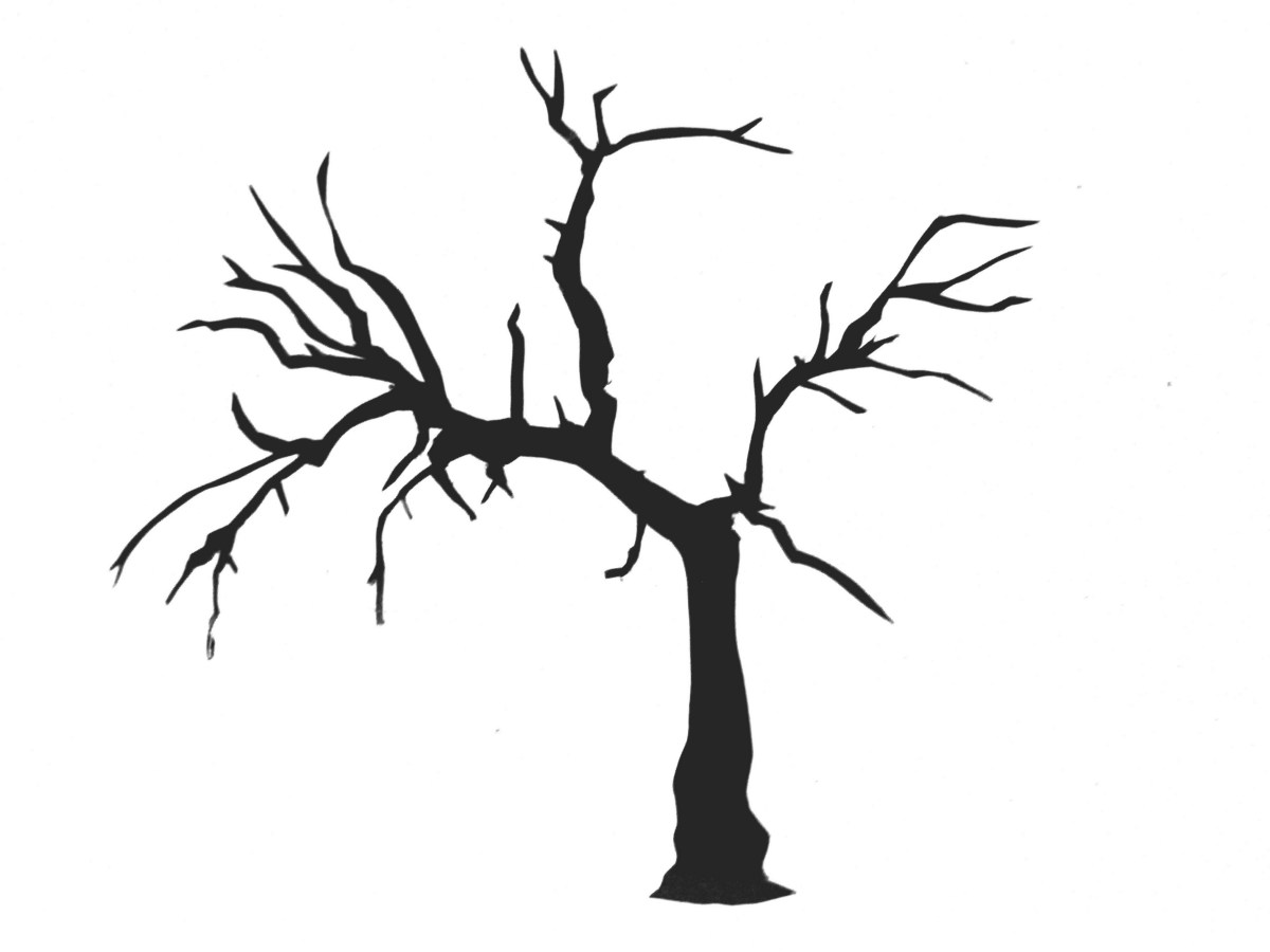 Silhouette of a bare, gnarled tree with twisted branches against a white background.