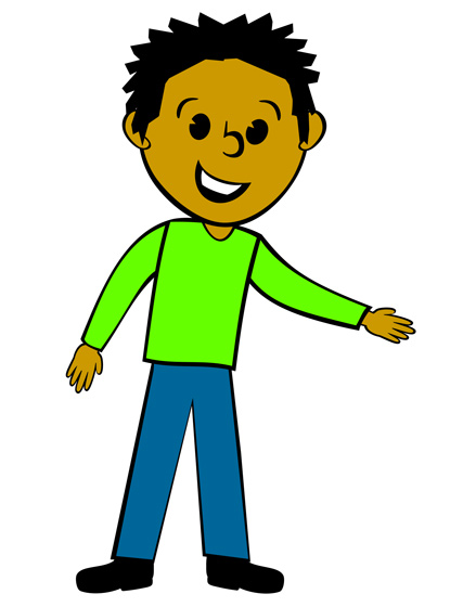 Smiling cartoon boy with spiky black hair, green shirt, blue pants, and outstretched hand greeting warmly.