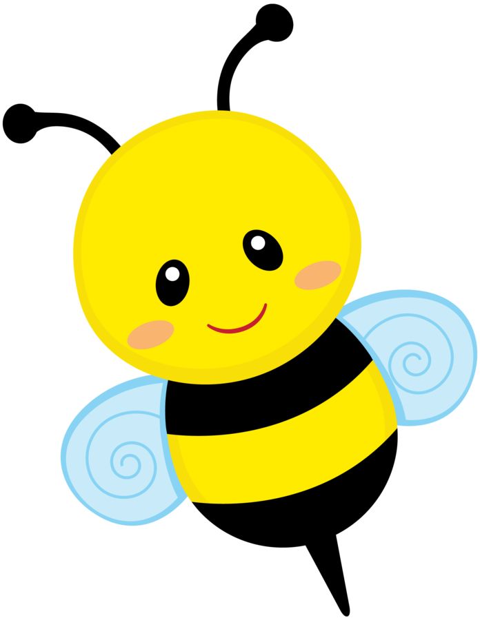 Cute cartoon bee with yellow head, black stripes, blue wings, and smiling face.