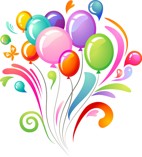 Colorful festive balloons with swirling ribbons and decorative elements, perfect for celebrations and party themes.