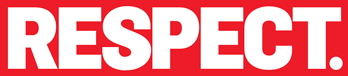 Bold white "RESPECT." text on red background, high-contrast typographic design.