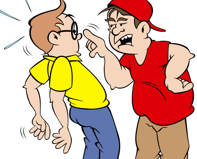A muscular man in a red cap and shirt angrily scolds a startled boy in yellow, pointing his finger while the boy recoils.