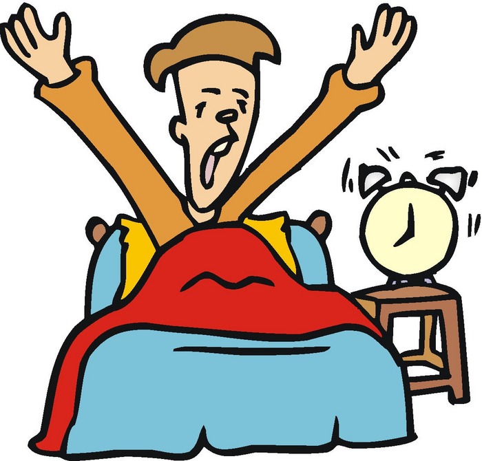 Man stretching in bed with alarm clock ringing beside him, cartoon style.