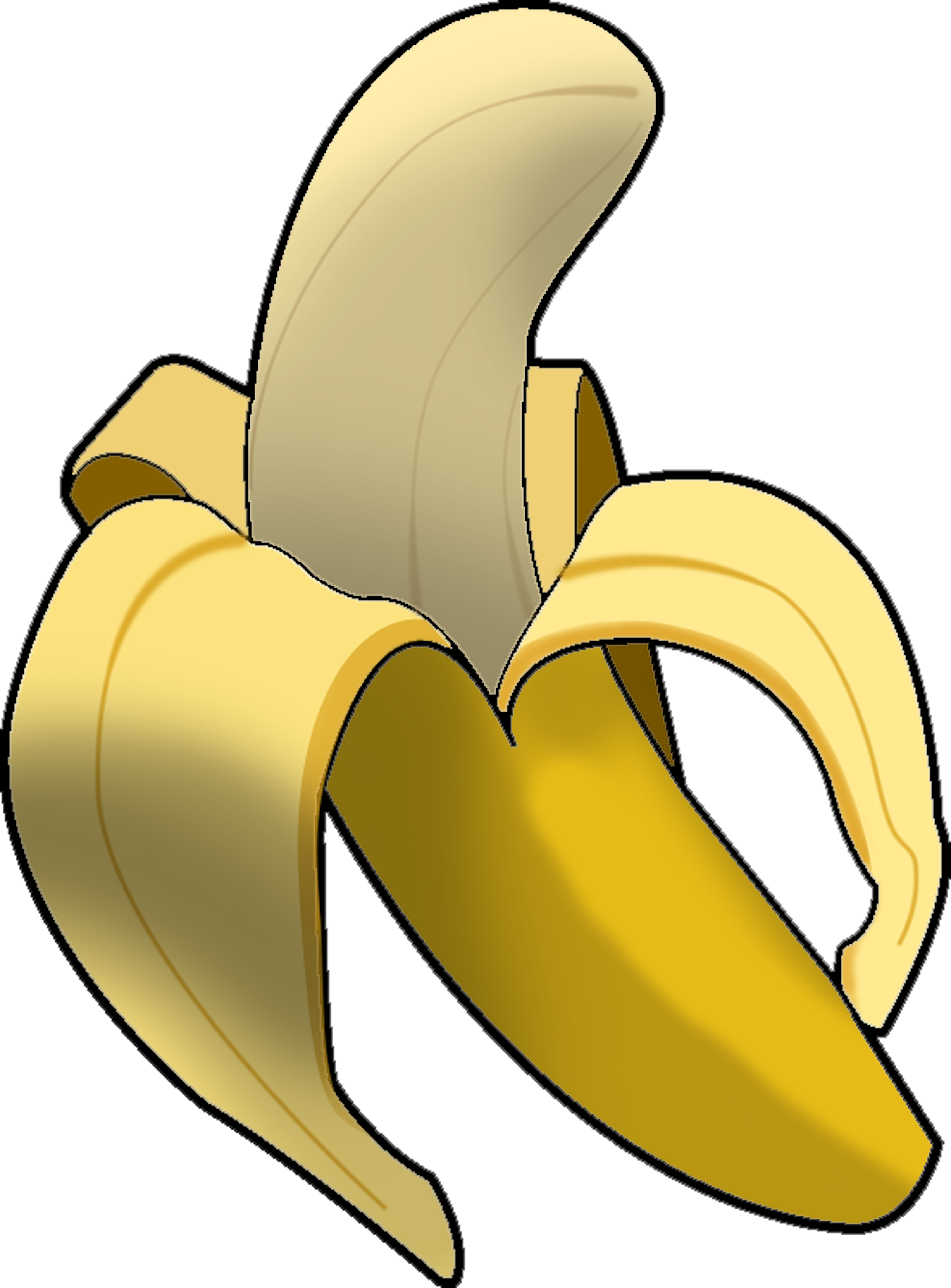 A vibrant cartoon-style peeled banana with yellow fruit and light peel, shown in a dynamic open position.