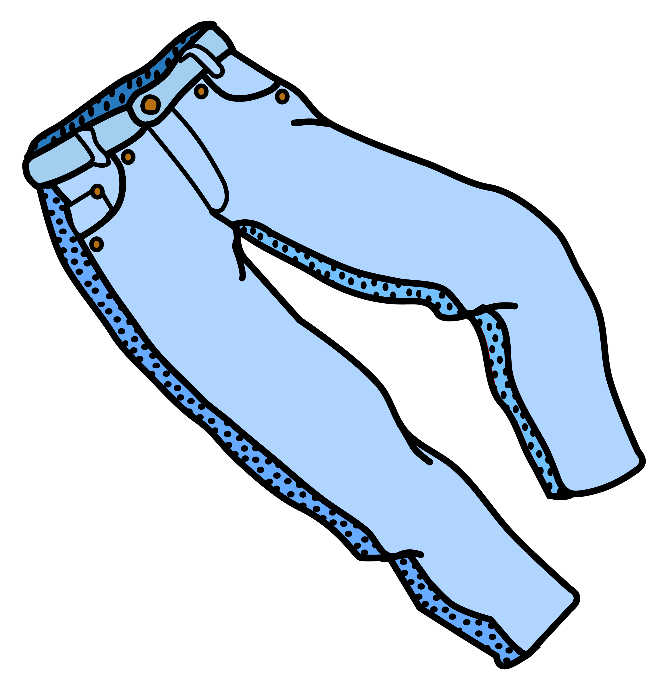 Light blue cartoon-style jeans with dotted trim, belt loops, and orange rivets on black background.