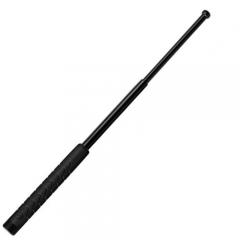 Black telescopic baton extended diagonally on white background, showing segmented metal construction and rubber grip.