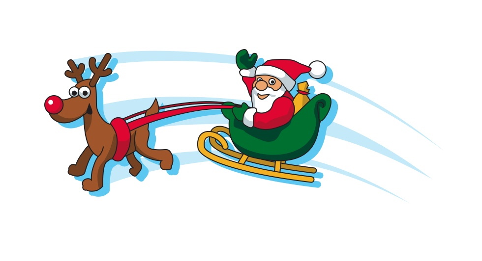 Santa Claus in a green sleigh pulled by Rudolph the Red-Nosed Reindeer, flying through the air with motion lines.