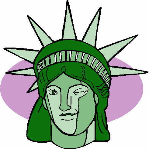 Stylized green illustration of the Statue of Liberty’s head with crown and purple background.
