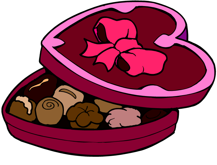 Heart-shaped box of assorted chocolates with pink ribbon lid, open to reveal treats inside.