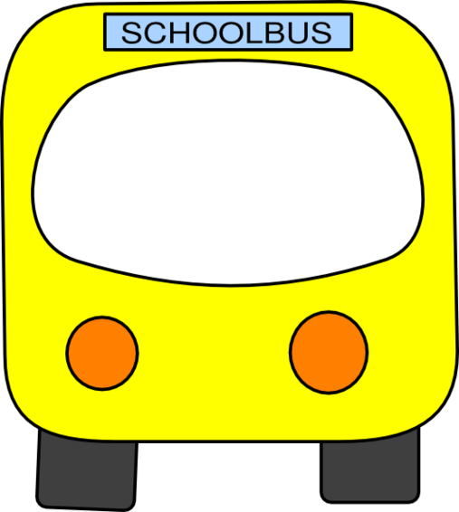 Front view of a bright yellow cartoon school bus with orange headlights and "SCHOOLBUS" sign.