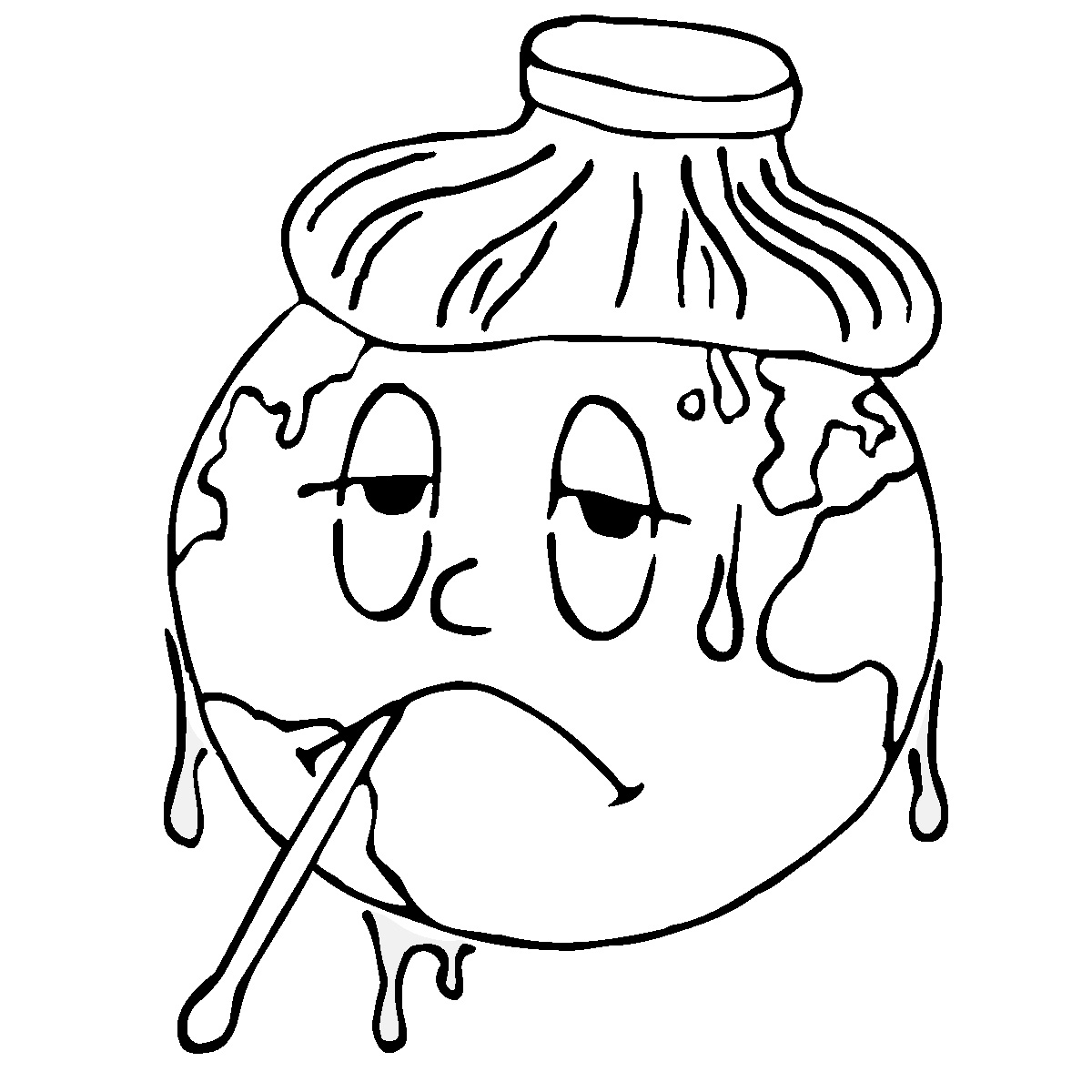A cartoon Earth with a feverish expression, wearing a wet cloth on its head and holding a thermometer, sweating heavily.