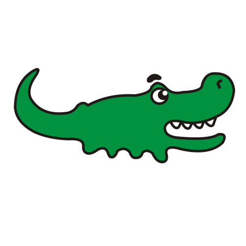 Green cartoon alligator with open mouth, friendly expression, and wavy body outline.