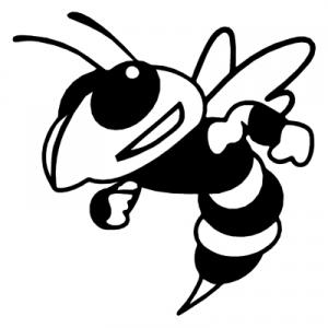Black-and-white cartoon wasp mascot with large eyes, striped abdomen, and dynamic flying pose.