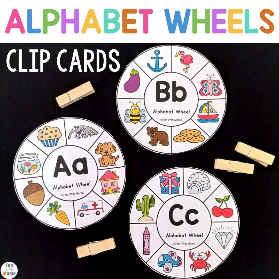Colorful printable alphabet wheels with clip cards for early literacy learning, featuring letters A, B, C and matching images.