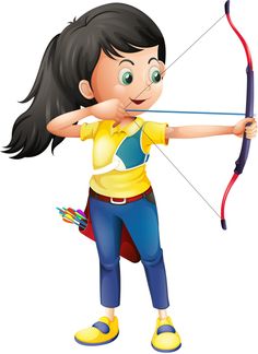 Young girl with black hair aiming a bow and arrow, wearing yellow shirt and blue pants, smiling confidently.
