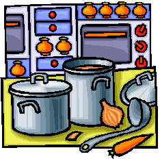 Kitchen scene with pots, onion, carrot, ladle, and stove controls in pixel-art style.