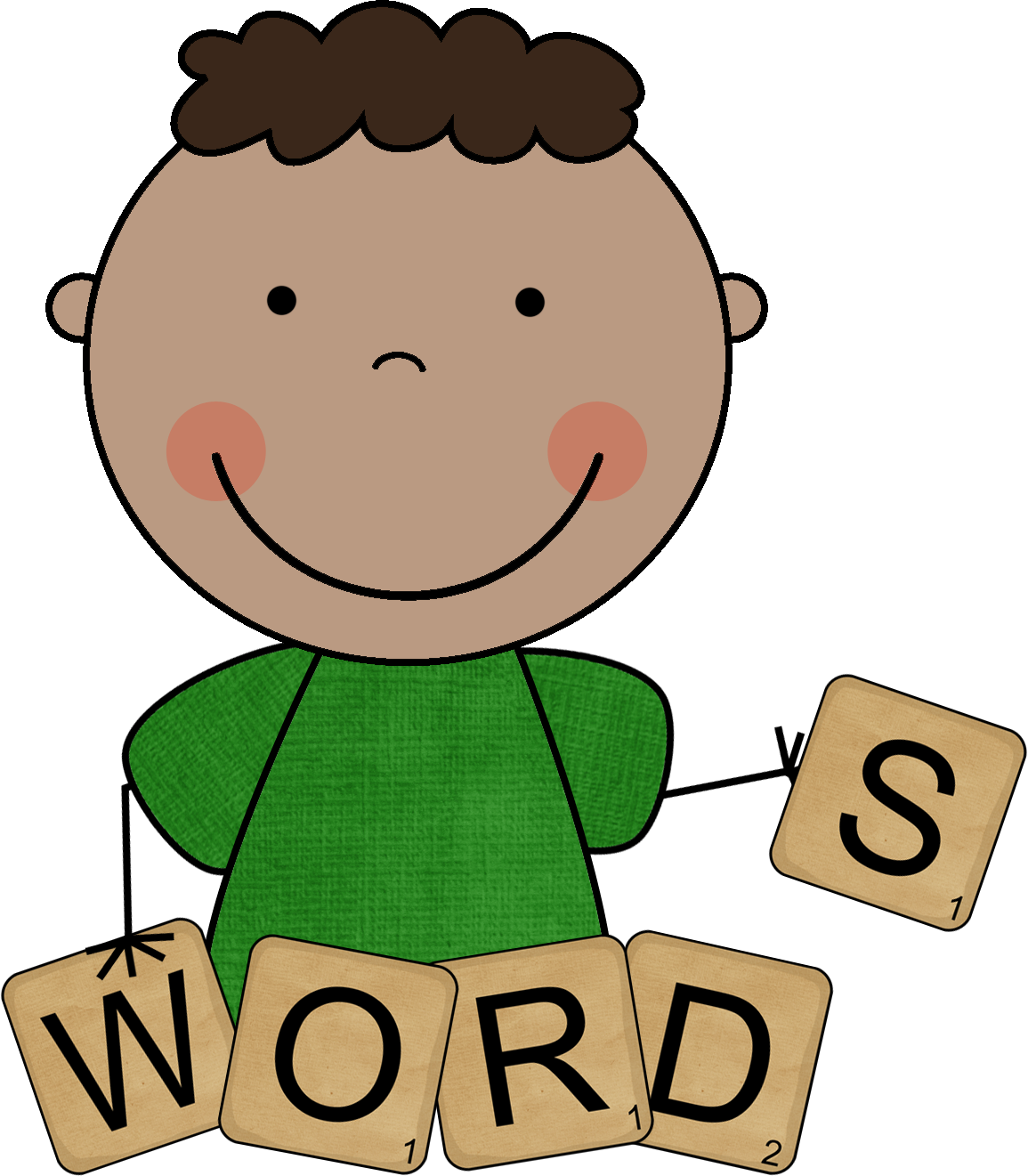 Smiling cartoon boy in green shirt with Scrabble tiles spelling "WORDS"