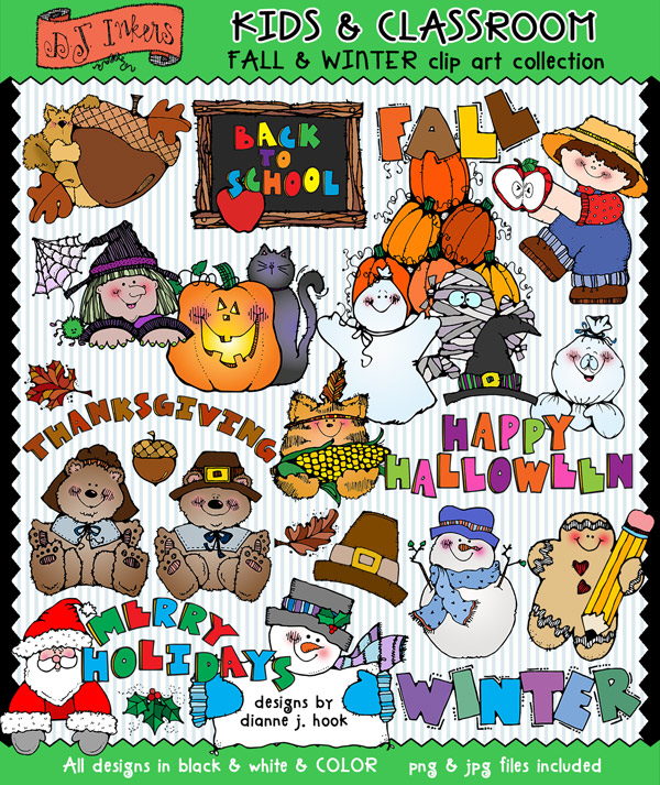 Colorful kids & classroom clip art collection for fall and winter holidays including Halloween, Thanksgiving, Christmas, and back-to-school themes.