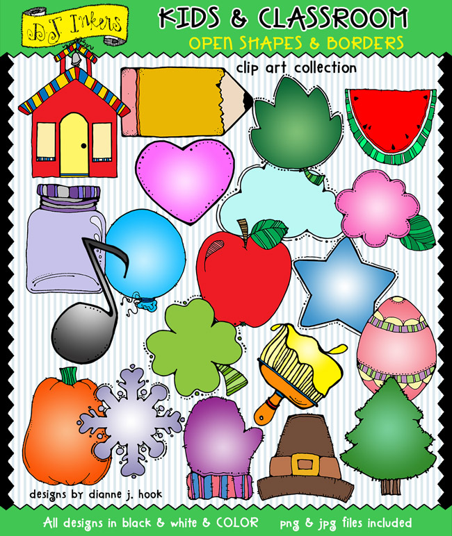 Colorful educational clip art collection featuring school items, shapes, seasons, and holidays by DJ Inkers.