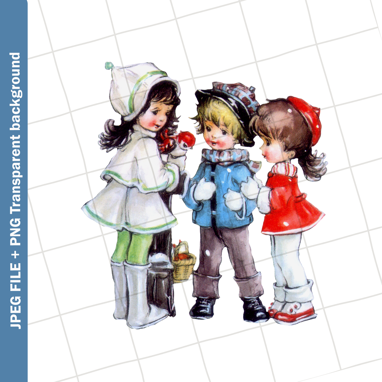 Three vintage-style children in winter coats and hats gather around a small red bird, sharing a gentle moment.