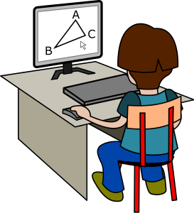 A child sits at a desk using a computer displaying a labeled triangle (A, B, C) for geometry learning.