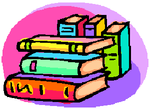Colorful cartoon stack of books with vibrant covers on a pink-purple gradient background.
