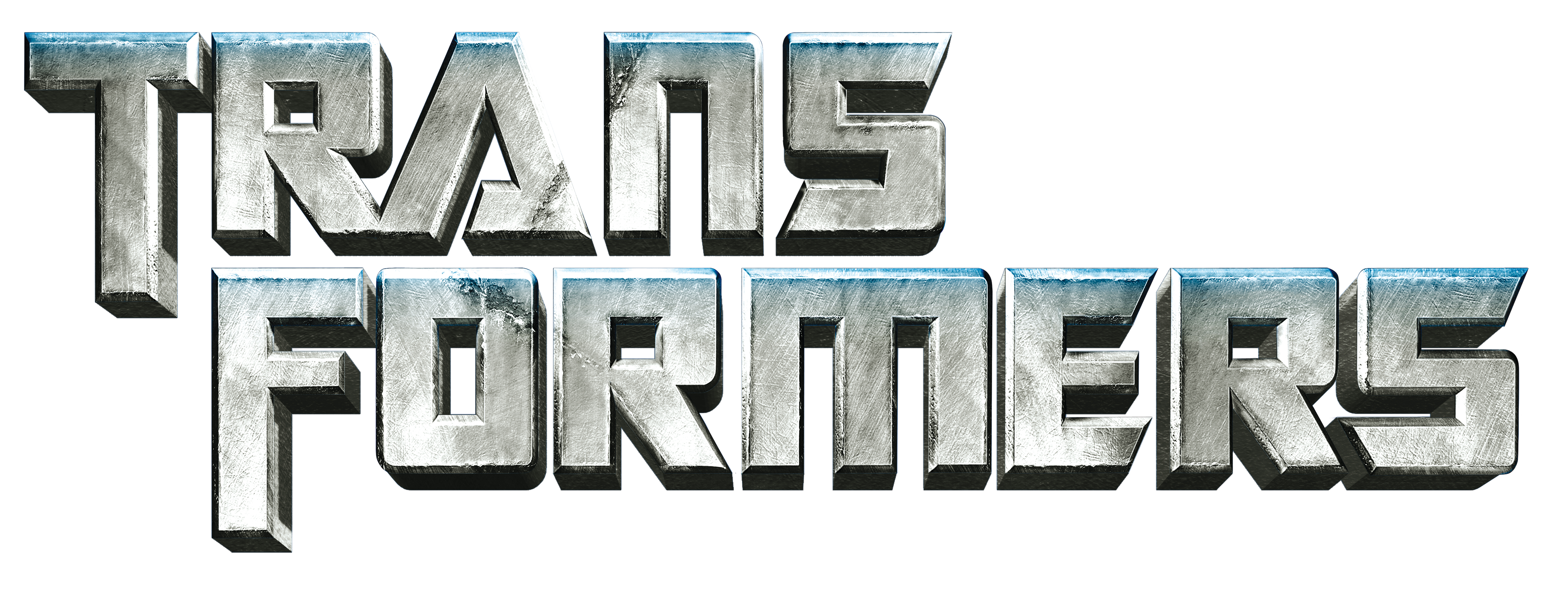 Metallic 3D "Transformers" logo with scratched chrome texture and icy blue highlights.