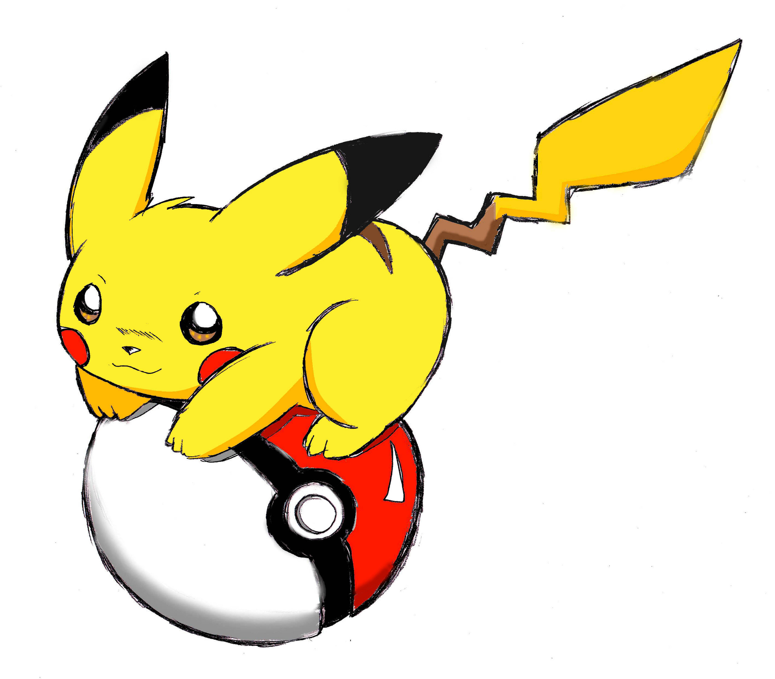 Pikachu hugging a Poké Ball with a playful expression and lightning-shaped tail.