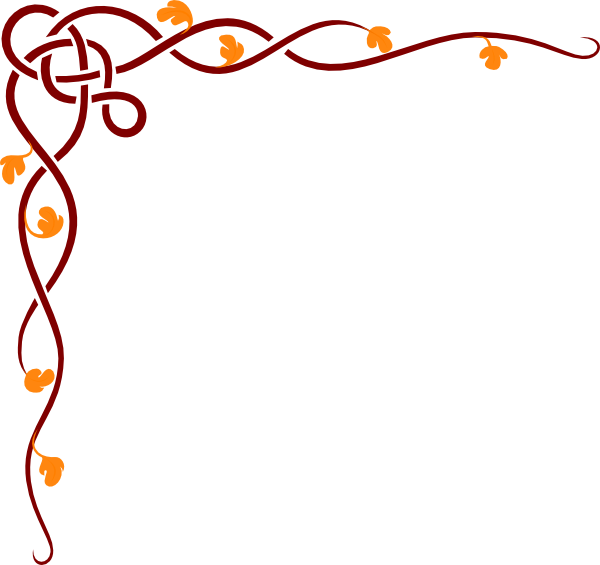 Decorative corner border with maroon Celtic knot and orange leaf motifs on transparent background.