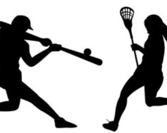 Silhouette of a baseball player swinging a bat and a lacrosse player running with a stick.