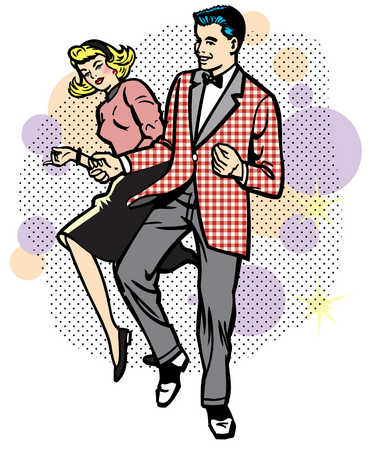 Vintage 1950s couple dancing in retro pop-art style with halftone dots and colorful bubbles.