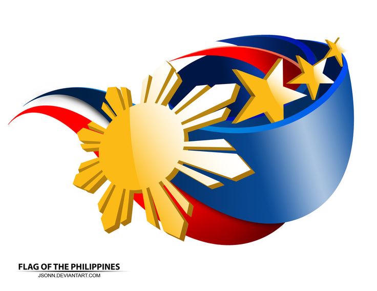 Stylized 3D rendering of the Philippine flag with golden sun and stars, flowing ribbon design on white background.