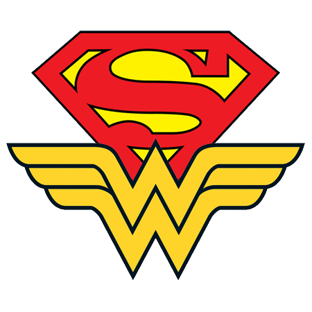 Combined Superman and Wonder Woman logo featuring the iconic 'S' shield over the 'W' eagle motif.